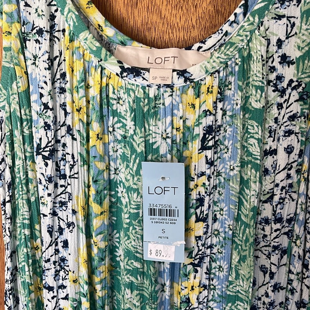 Loft dress small petite price at $89. 100% rayon, looks like gauze
